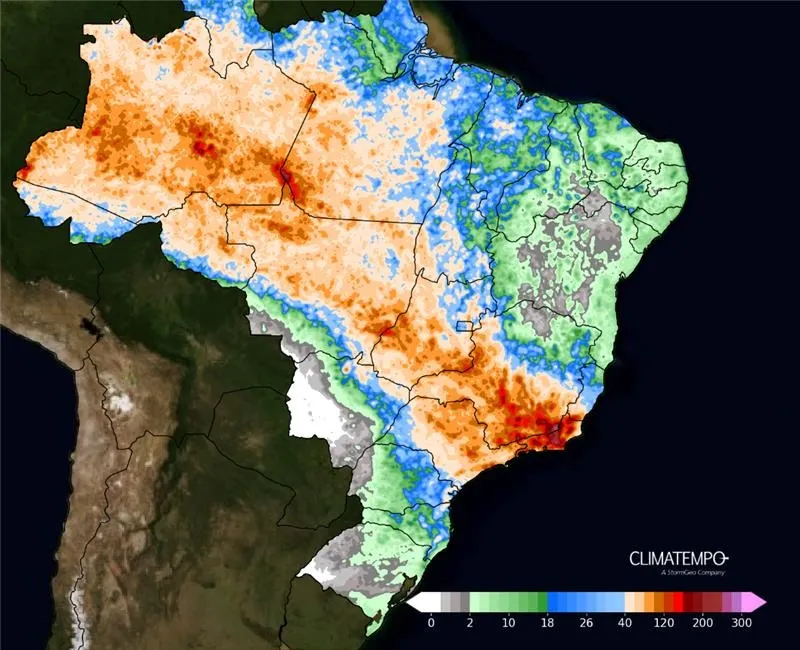 A imagem mostra as áreas com acúmulos de chuva previsto entre 26 de dezembro de 2024 e 31 de dezembro de 2024